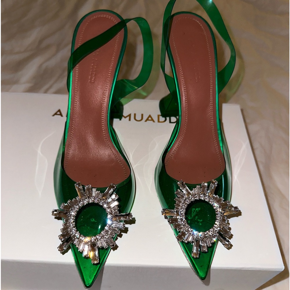 Amina muaddi green transparent heels
